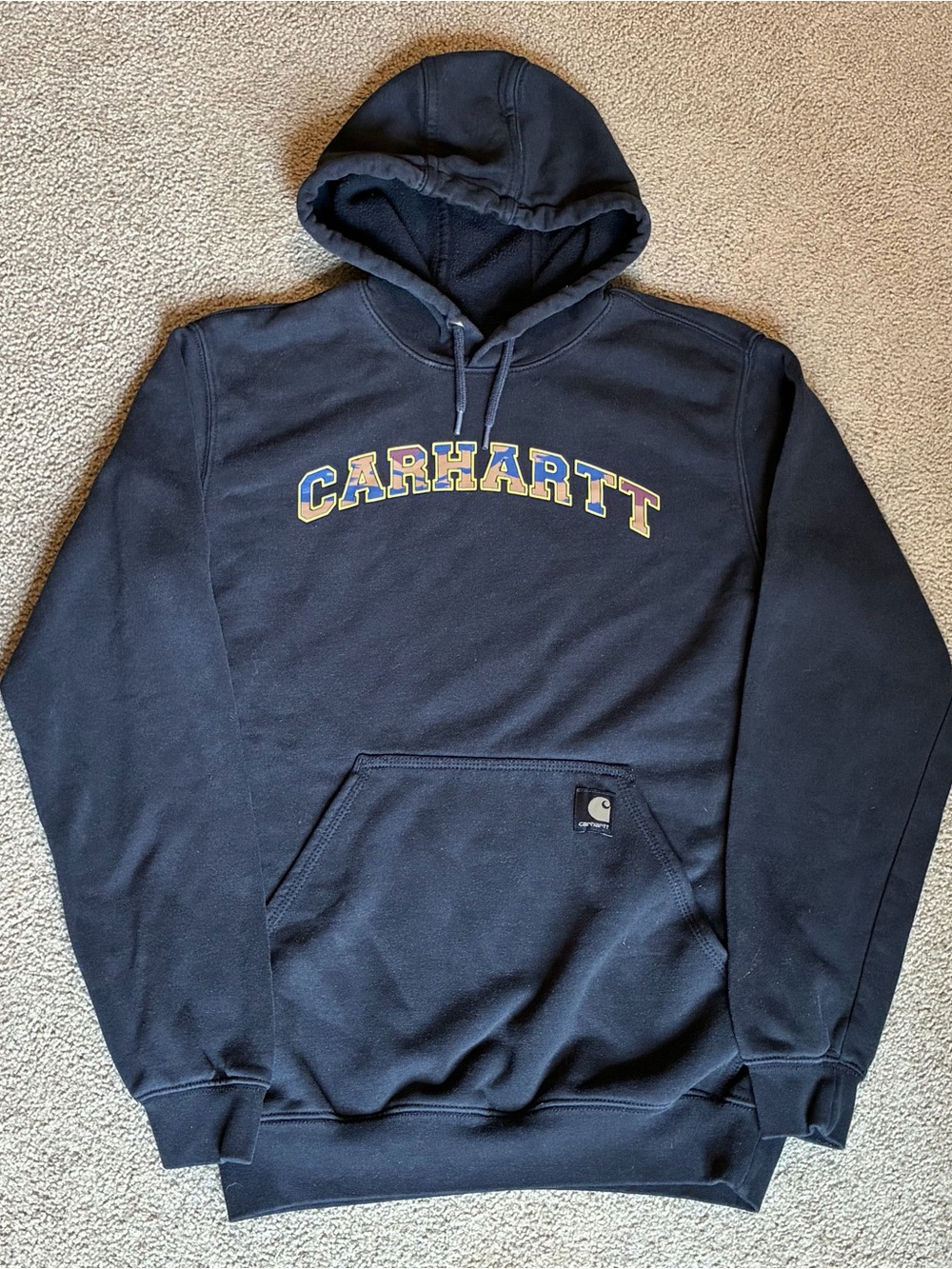 Carhartt Navy Loose Fit Pullover Hoodie with Arch Logo Pockets Men’s Size Small